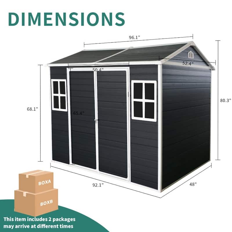 8x4ft Outdoor Resin Plastic Storage Shed with Floor, Lockable Door and 2 Windows