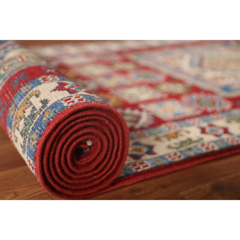 Red Traditional Geometric Kazak Oriental Wool Runner Rug Hand-knotted - 2'9" x 9'9"