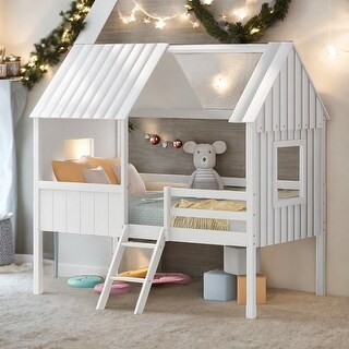 Twin Size Low Wood House Loft Bed With Two Side Windows for Home
