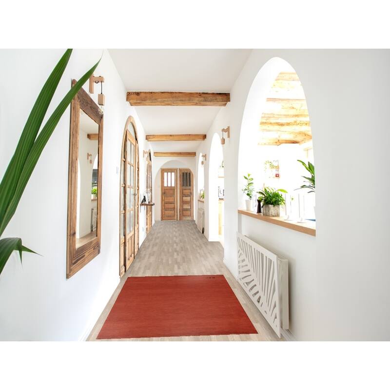 Orange Gabbeh Modern Rug Hand-Knotted Solid Wool Carpet - 3'2" x 4'11"