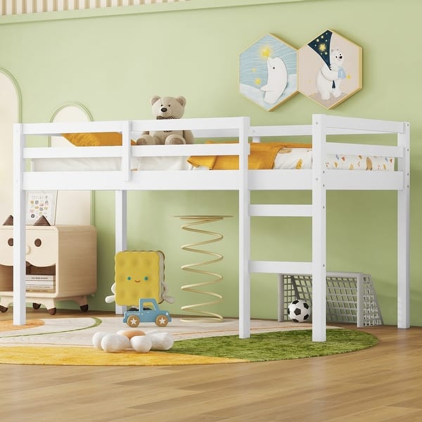 slide 2 of 5, White Twin Size Rubber Wooden Loft Bed with Ladder White
