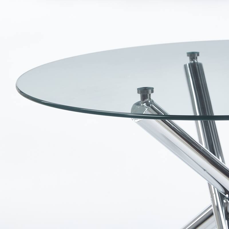 Round Glass Dining Table for 4 Person, Small Kitchen Table with Glass Tabletop & Metal Legs, Modern Leisure Coffee Table