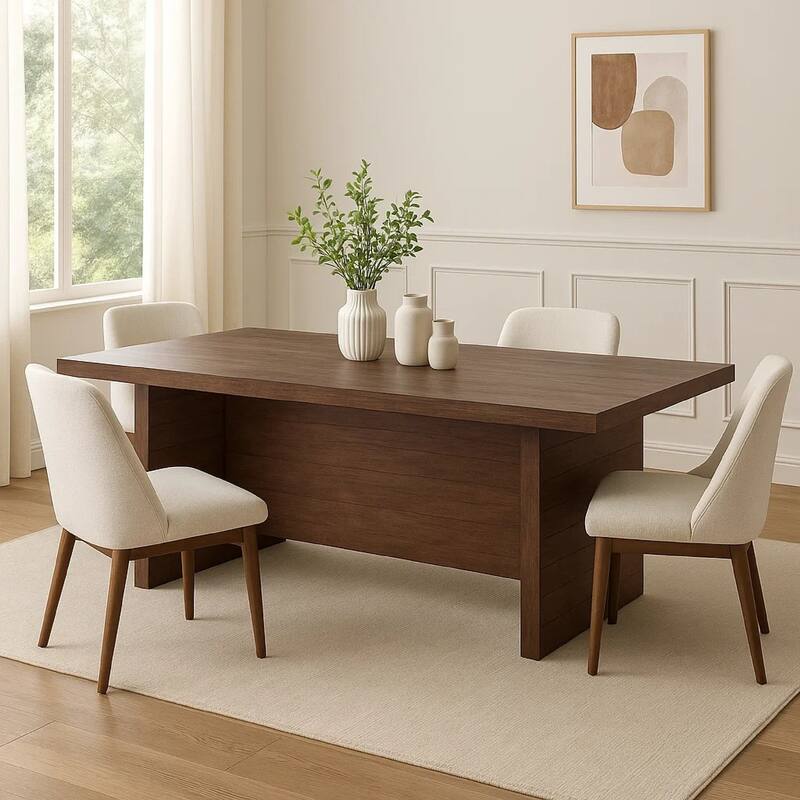 Wedy Dining Table, 86 Inch Rectangular Top, Dark Brown Wood Block Base - Dark Brown