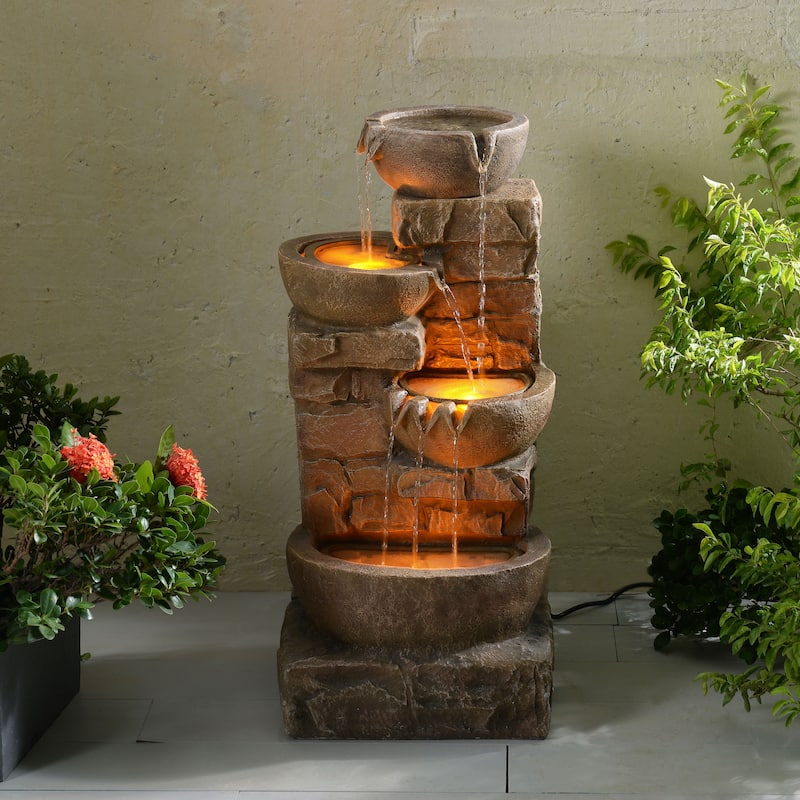 Teamson Home 3-Tier Stacked Stone Outdoor Water Fountain with LED Lights