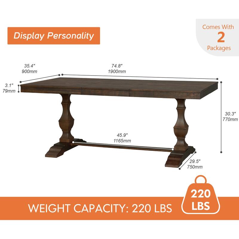 Modern Farmhouse Dining Table Set for 6, 74.8" Large Kitchen Table with 2 Solid Wood Legs and Double Pedestal Base - Table-1set