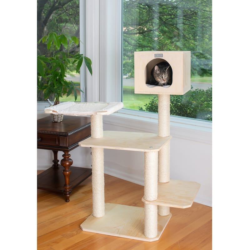 Real Wood Premium Scots Pine, Solid Wood Cat Tree, 50" Tall - Natural Beige - Natural Beige