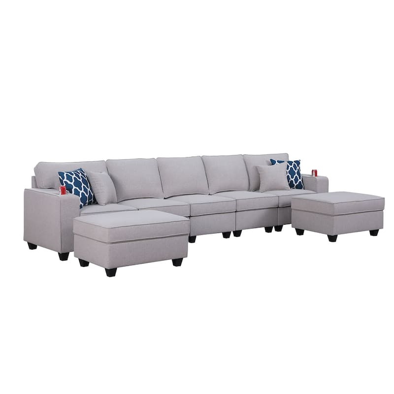 Linen Upholstered 5-Seater Sofa with 2 Ottomans in Light Gray
