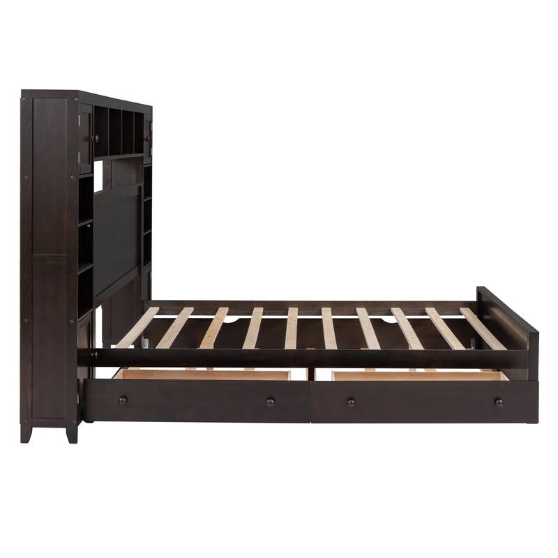 Queen Size Wooden Platform Bed with Storage, Shelves, Outlets and Trundle in Espresso