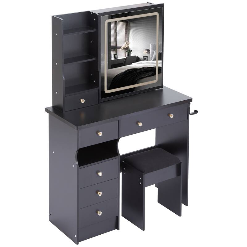 37" Middle Size Left Drawer Desktop Vanity Table + Cushioned Stool Dresser Set, Large Touch Control LED Sliding Mirror