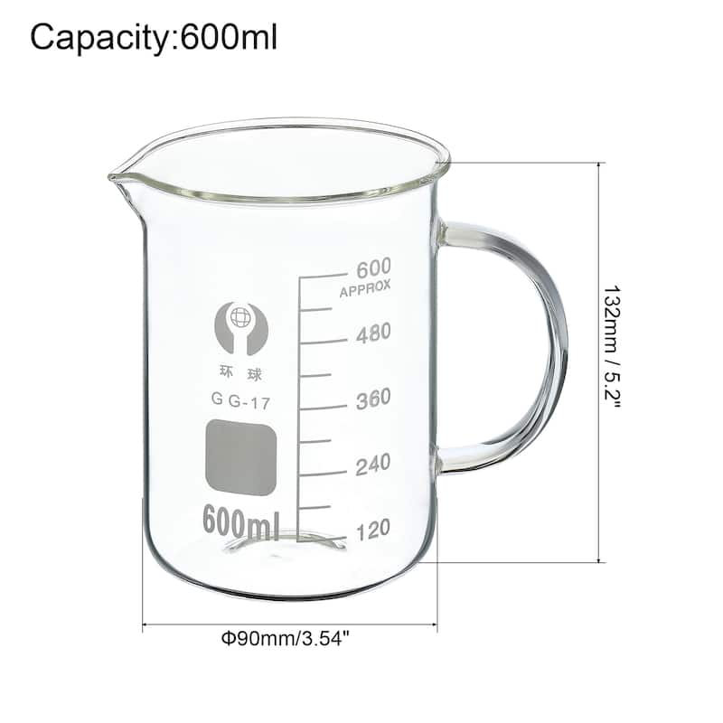 600ml Glass Beaker with Handle, 3.3 Borosilicate Lab Measuring Cups - Clear