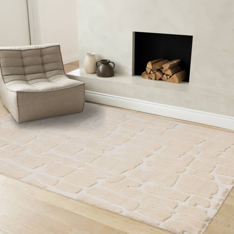 Cream White Stones Super-Soft High-Low Textured Rug