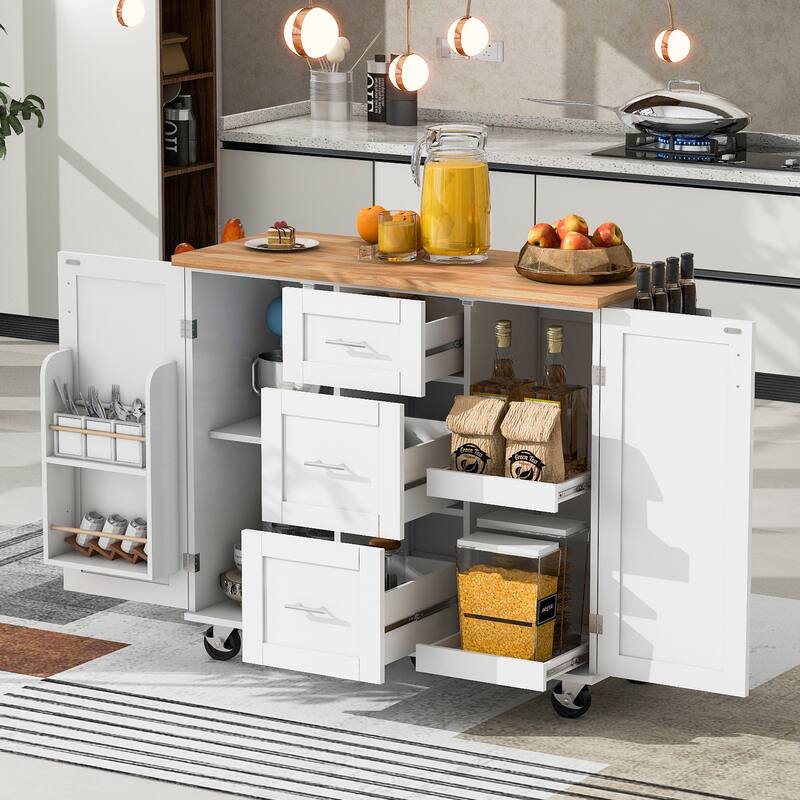 50'' Rubber Wood Kitchen Island with 3 Drawer, Rolling Wheels, 2 Slide-Out Shelf and Internal Storage Rack