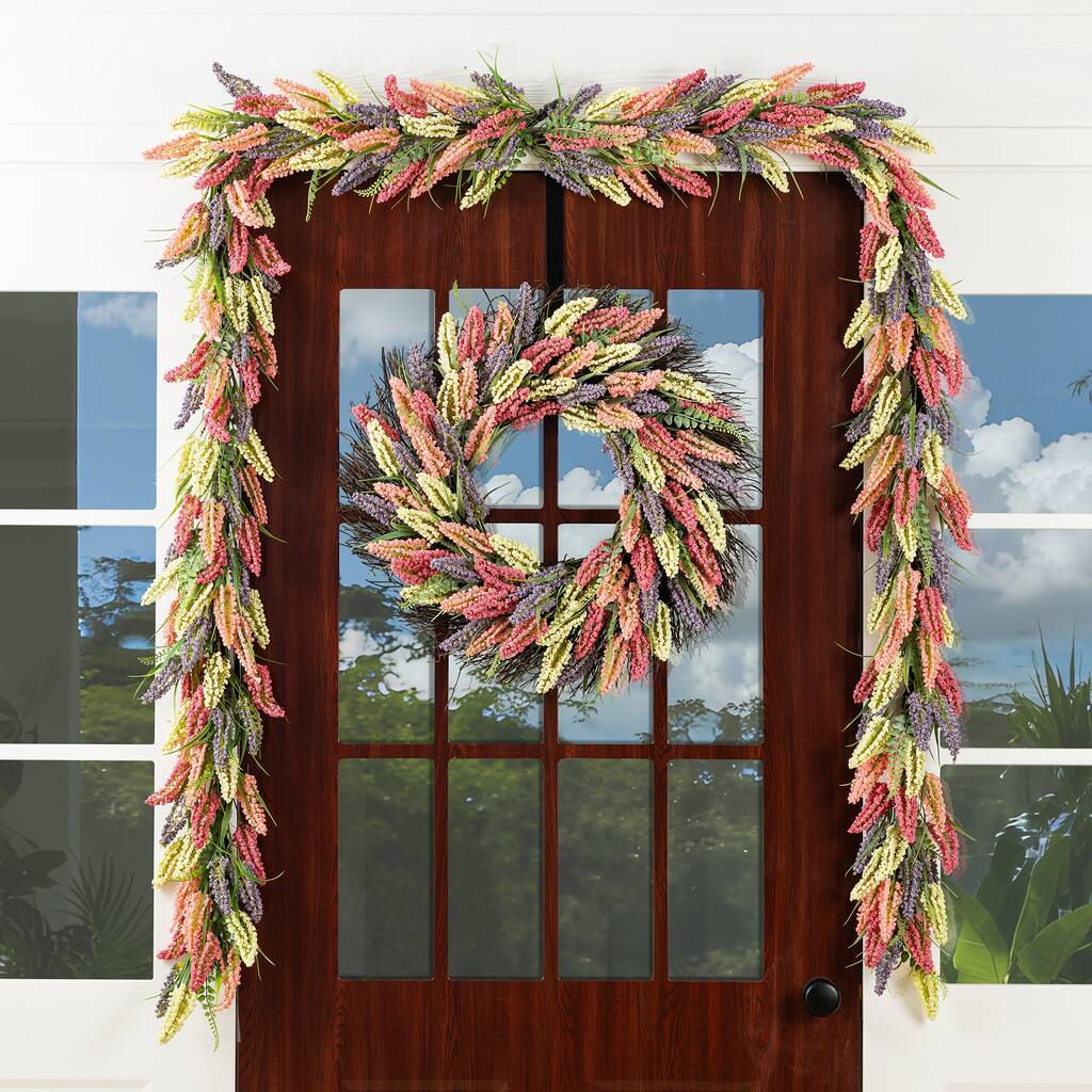 Glitzhome Pink, Purple & Yellow Mixed Heather Wreath Teardrop Garland