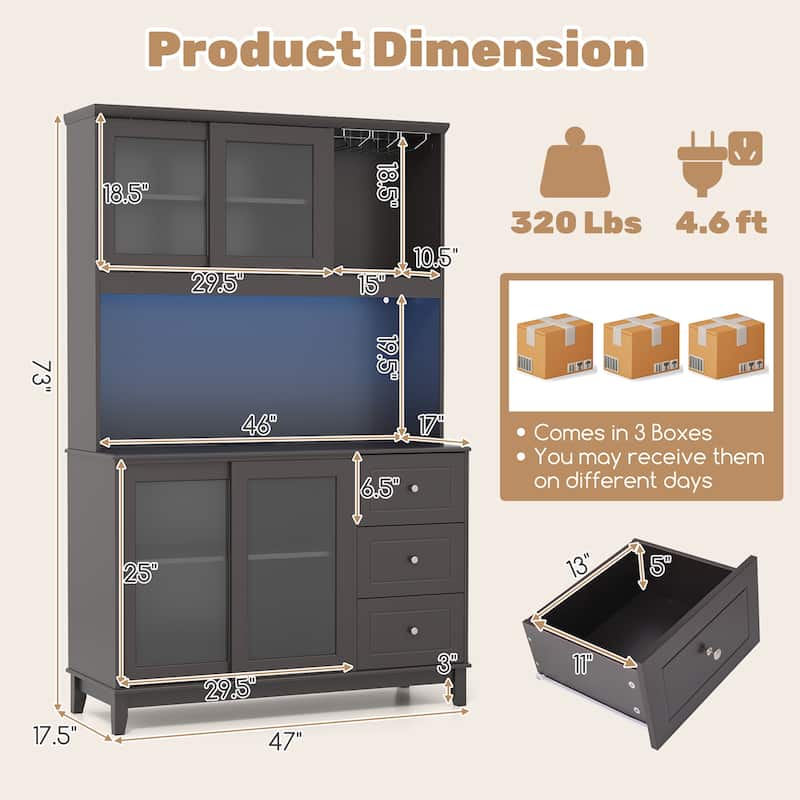 Gymax Kitchen Pantry Storage Cabinet Kitchen Hutch w/ LED lights &