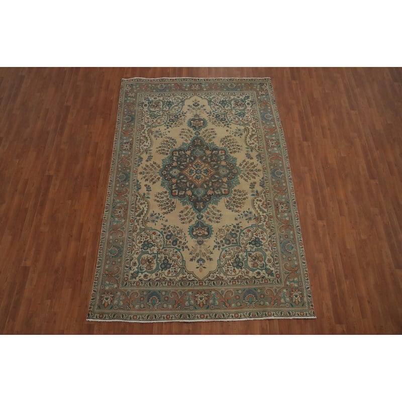 Hand Knotted Oriental 100% Wool Carpet Traditional Floral Beige & Ivories Tabriz Area Rug - 9' 8'' X 6' 5''