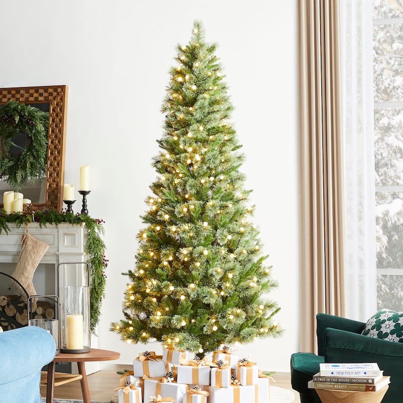 Glitzhome 7.5ft/9ft Pre-Lit Green Slim Pine Artificial Christmas Tree with Foot Pedal & Remote Control