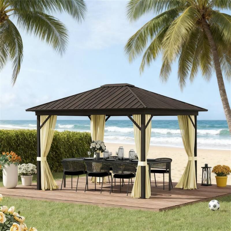 Gazebo with Curtains Netting Metal Roof Canopy with Aluminum Frame and Top Hook