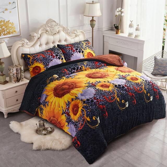 3-Piece Floral Printed Sherpa-Backing Reversible Comforter Set - Sunflower - King