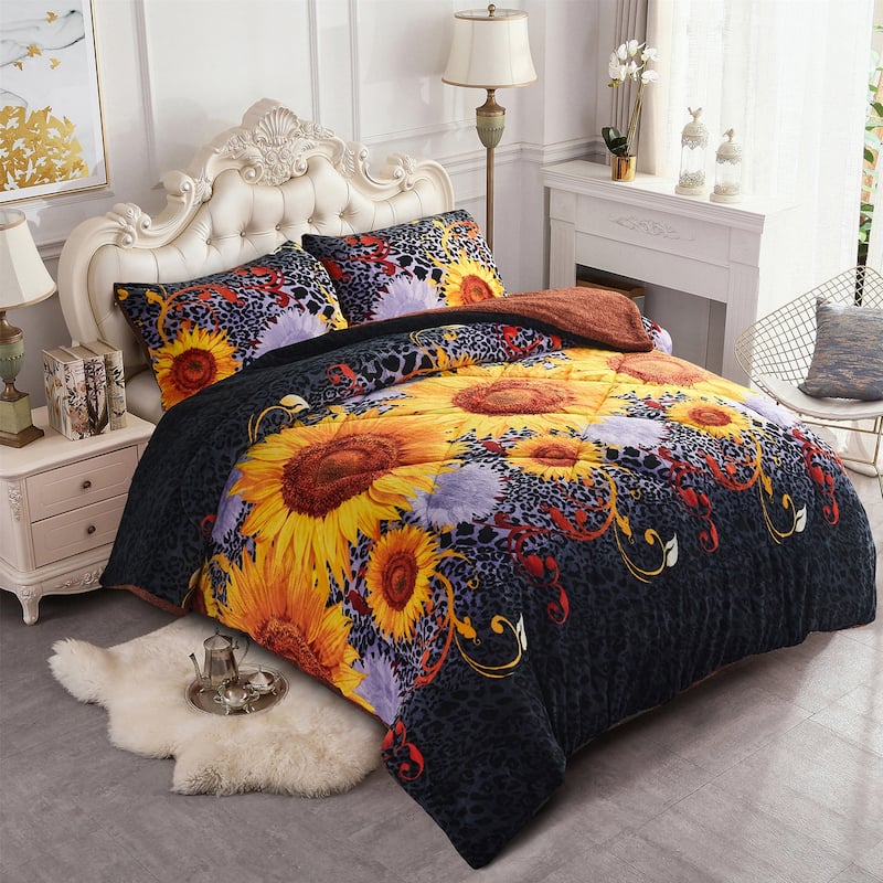 3 piece Fleece/ Sherpa Comforter Set - Sunflower - Queen
