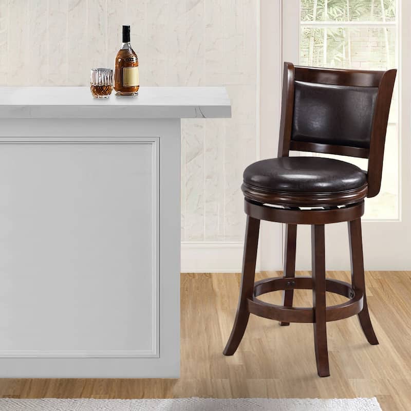 Swivel Counter Stool, Solid Wood, Faux Leather, Espresso Brown - 19.5 L x 18 W x 37.5 H Inches - Espresso Brown