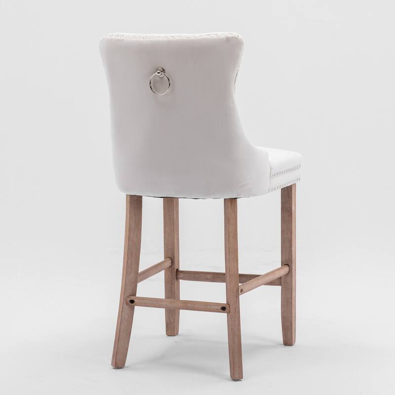 2 Velvet Upholstered Barstools with Button Tufted and Wooden Legs, and Chrome Nailhead Trim - N/A