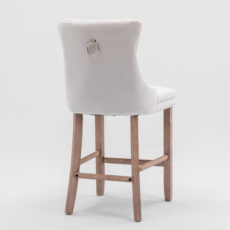 Contemporary Velvet Upholstered Barstools with Button Tufted Decoration and Wooden Legs, and Chrome Nailhead Trim,Set of 2