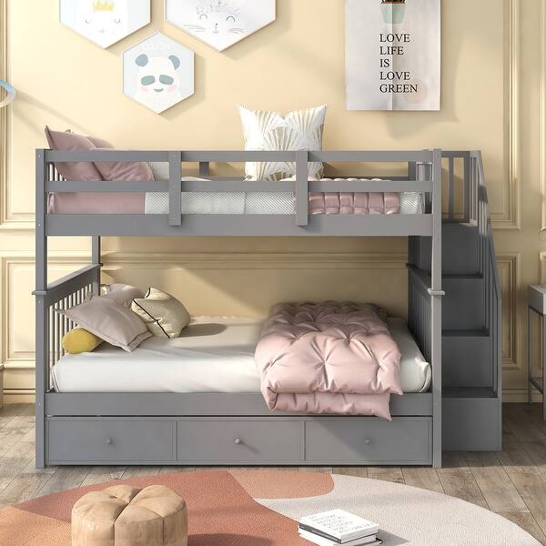 slide 2 of 11, Multifunctional Design Wood Bunk Bed with Storage Space and Guardrail, Stable Construction, Grey Grey