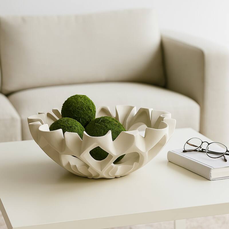 Artistic Decorative Bowl with Sculptural Cut-Out Design - 16", Tan