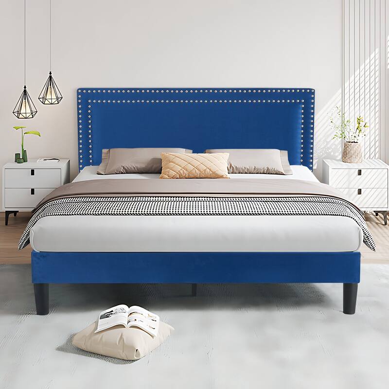 VECELO Upholstered Bed Frames with Height Adjustable Headboard - Dark Blue - Queen