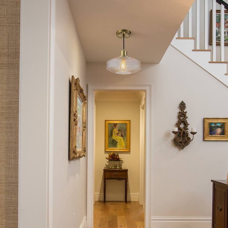 10.24 in. Modern Gold Pendant with Textured Glass, Adjustable Hanging Chandelier