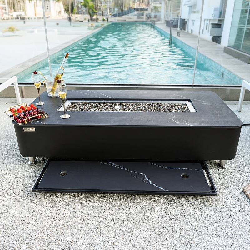 Elementi Plus Valencia Outdoor Fire Pit Table Concrete Rectangular 60000 BTU - 62 x 30 inches with Lid, Fire Glass, and Cover
