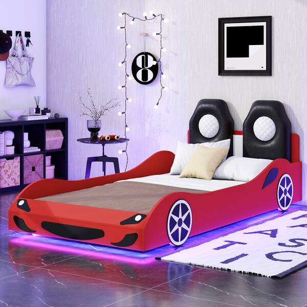 slide 2 of 14, Wood Twin Size Race Car-Shaped Platform Bed with LED and Upholstered Backrest, Red Red