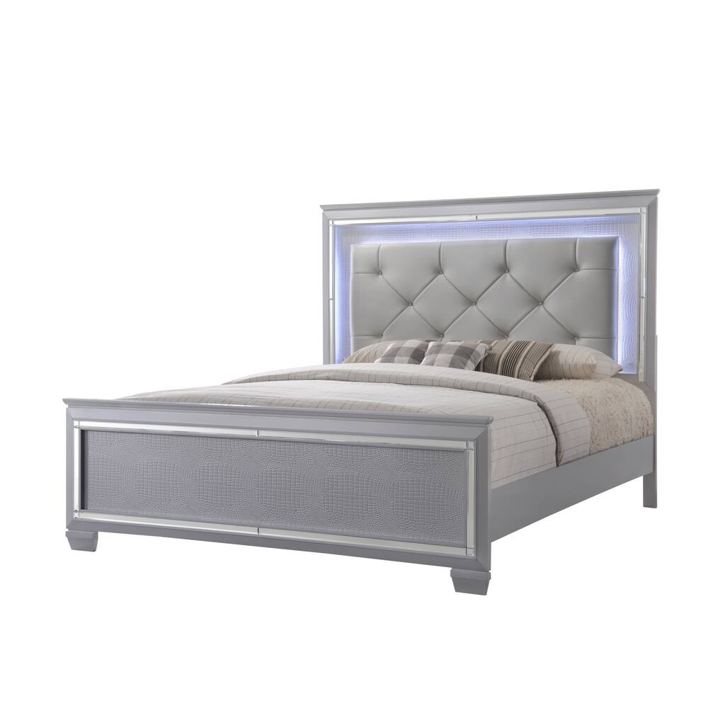Lavina Silver LED Faux Leather Upholestered Tufted Bed