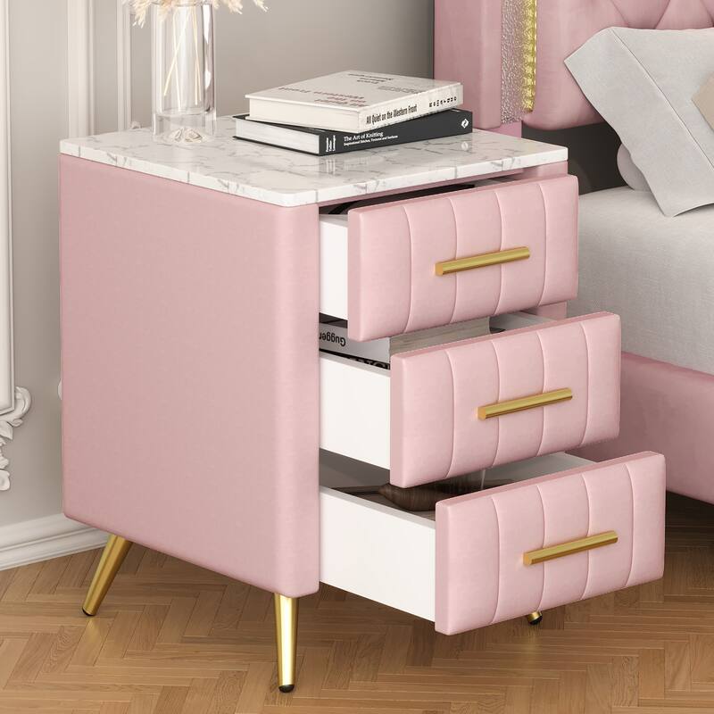 Pink Upholstered Wooden Nightstand with 3 Drawers, Marbling Worktop, and Metal Legs - Pink