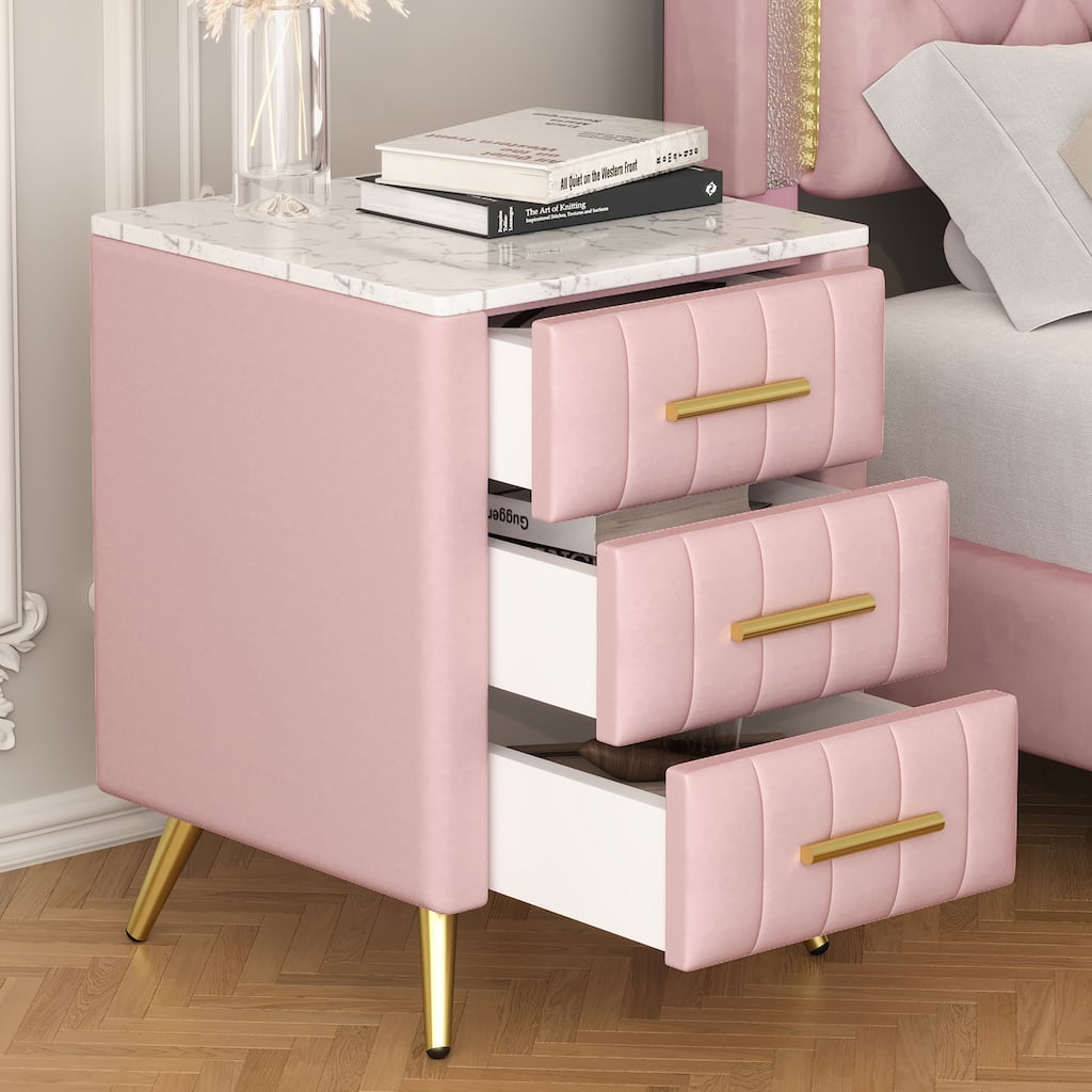 Upholstered Wooden 3-Drawer Nightstand - Metal Legs/Handles + Marbling Sticker Top Bedside Table (Pink)