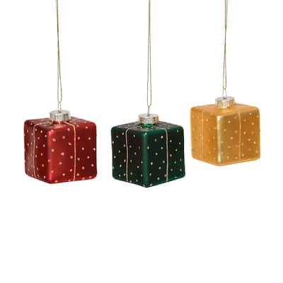 Glass Gift Box Holiday Ornaments, 12 Hanging Pieces (4 Sets of 3)