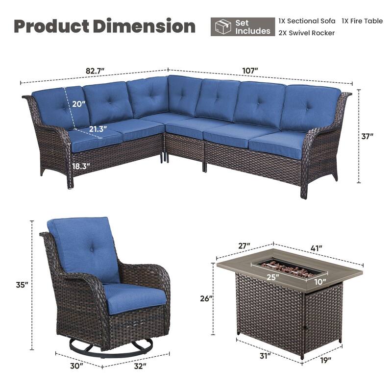 Gymojoy 4-Piece Outdoor Wicker Patio Furniture with Fire Pit and L-shaped Sectional Sofa, Coversation Set with Thick Cushions
