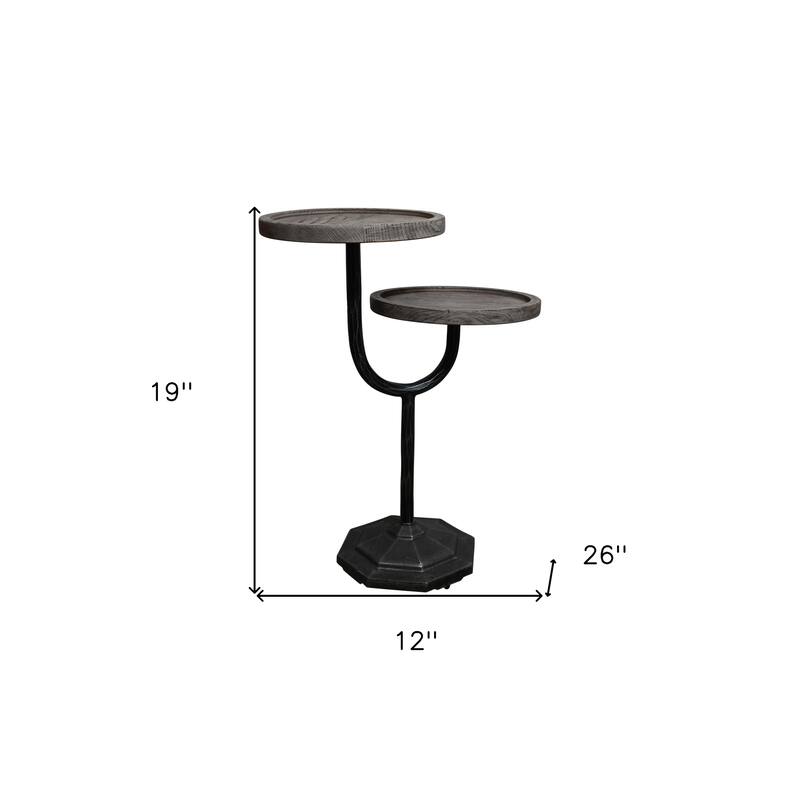 HomeRoots 19" Natural and Black Solid Wood and Iron Round Double Tray Top End Table - 12 in. x 19 in. x 26 in.