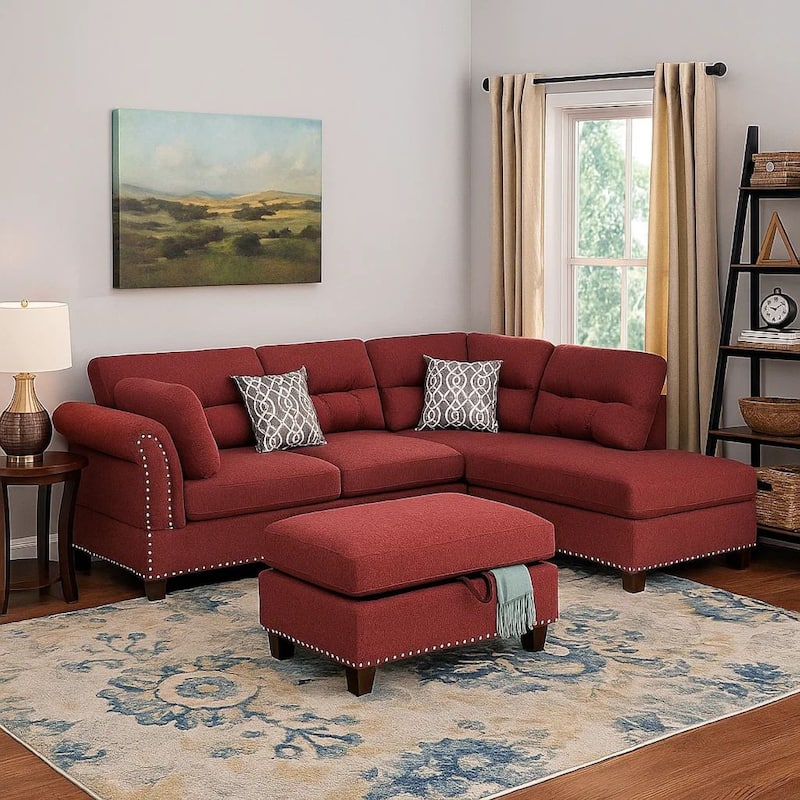 3 Piece Sectional Sofa with Reversible Chaise and Ottoman, Red