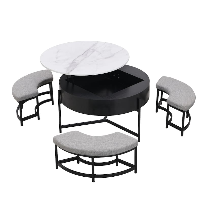 Round Lift-Top Coffee Table with Storage and 3 Ottoman