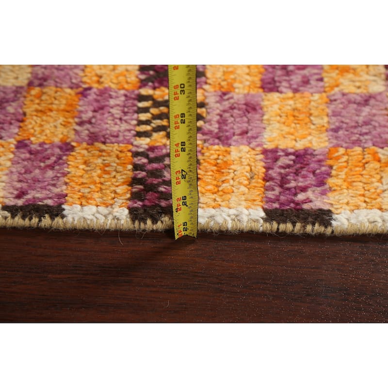 Modern Checkered Moroccan Oriental Runner Rug Hand-knotted Wool Carpet - 2'11" x 12'10"