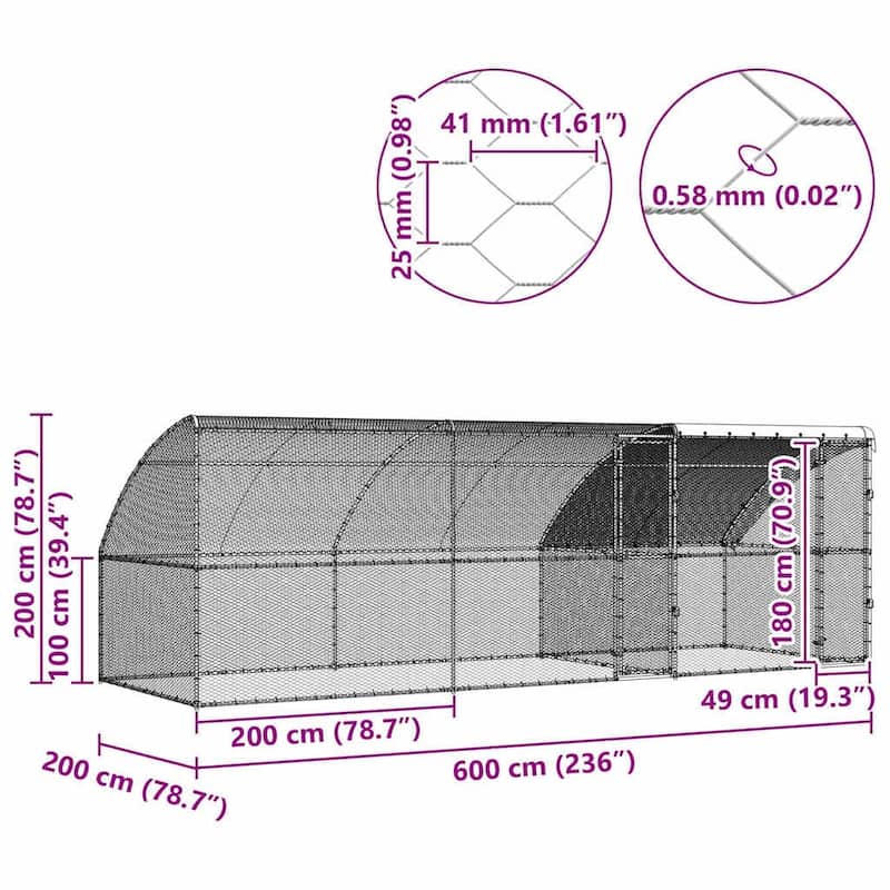 vidaXL Chicken Cage Silver 400/600/800 x 200 x 198.5 cm Galvanized steel