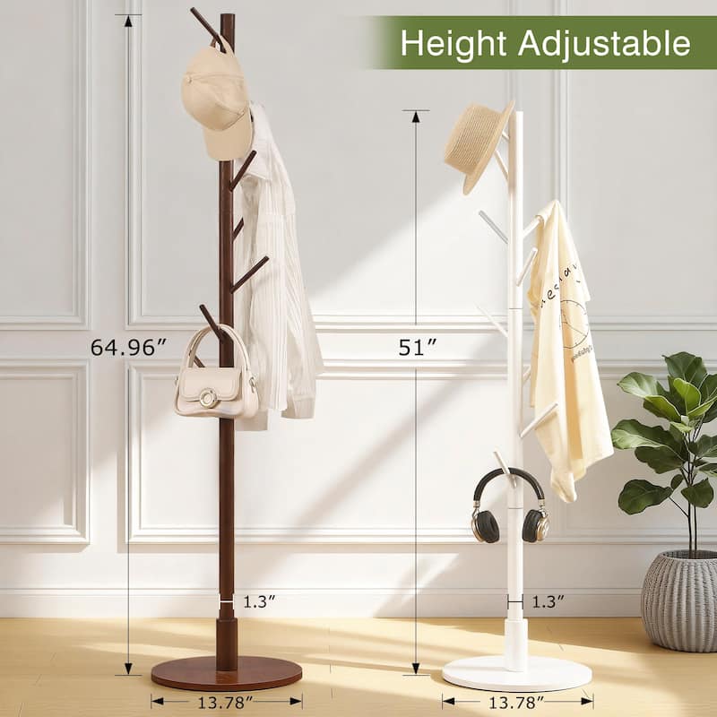 VECELO Brown Height Adjustable Bamboo Tree Coat Rack with 8 Hooks Round Base Freestanding Clothing Rack for Small Spaces