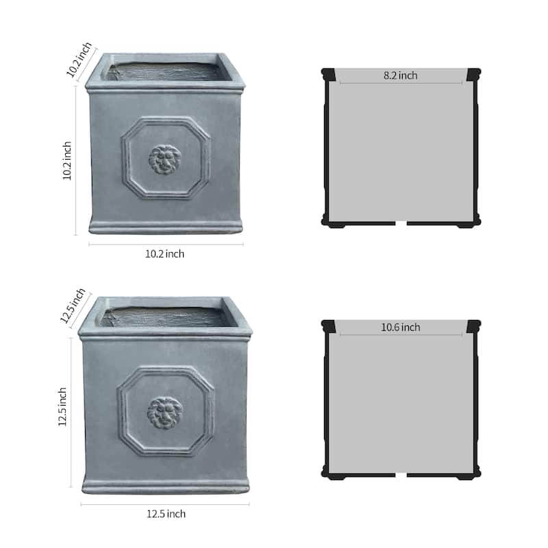 Kante 12.5", 10.2"H Square Antique Gray Lion Head Planters (Set of 2), Outdoor/Indoor