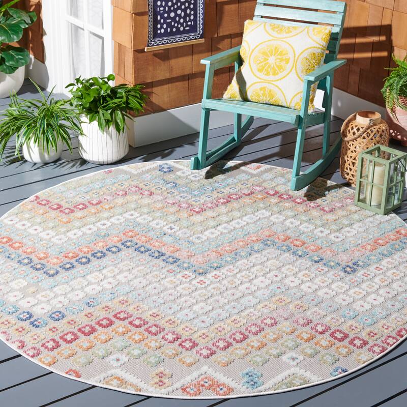SAFAVIEH Cabana Dadey Indoor/ Outdoor Boho Chevron Rug - 6'7" Round - Rust Blue/Ivory