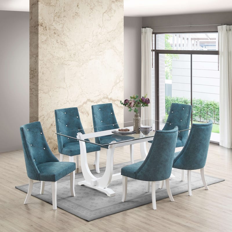 Crystal-Tufted Upholstered Dining Room Chairs, Set of 2, Blue