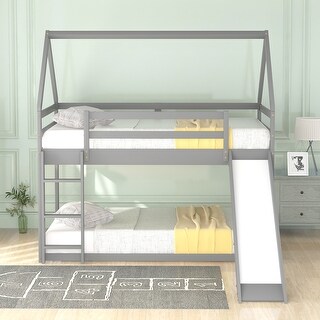Elegant House Shape Twin over Twin Bunk Bed with Slide, Guardrails and Ladder, Designed for Child Safety, Gender Neutral, Grey