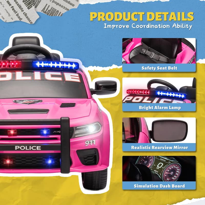 12v Kids ride on police car W/Parents Remote Control,anti-collision bar,Front& top and Four wheel suspension