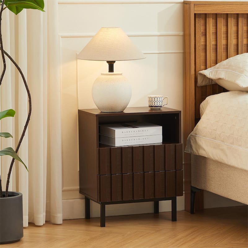 Mid Century Woodgrain Nightstand Pair 2 Drawers Bedside Table - 2PCS-Brown