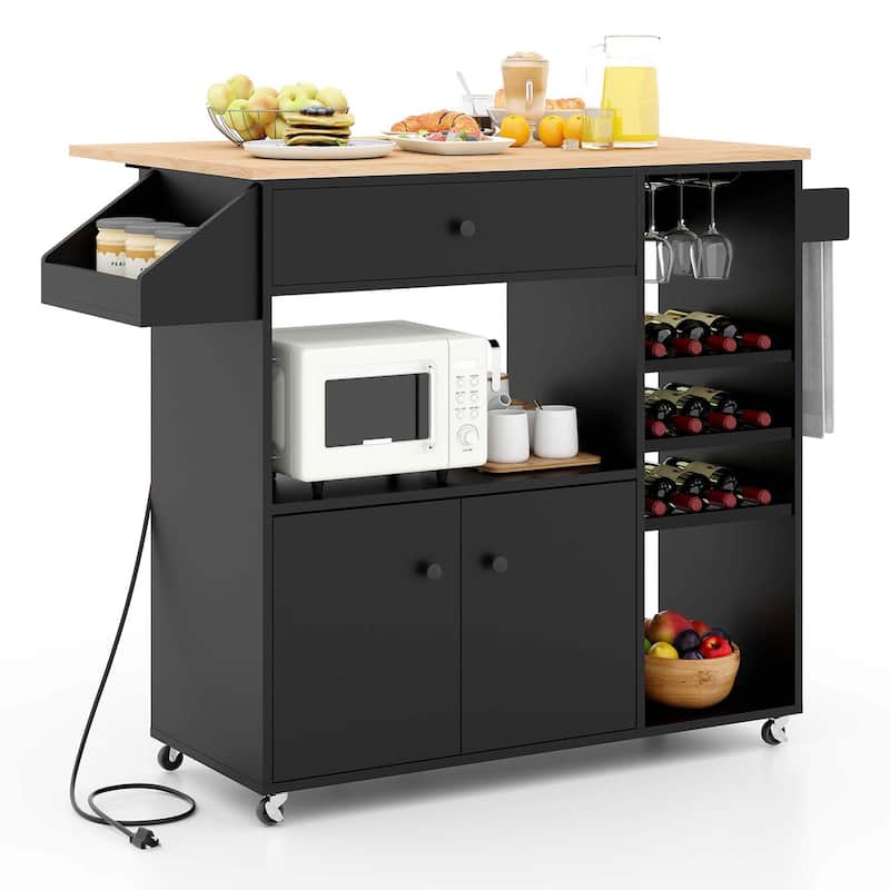 Rolling Kitchen Cart Kitchen Island Cart w/ Drop-Leaf & Power Outlet - Black + Natural
